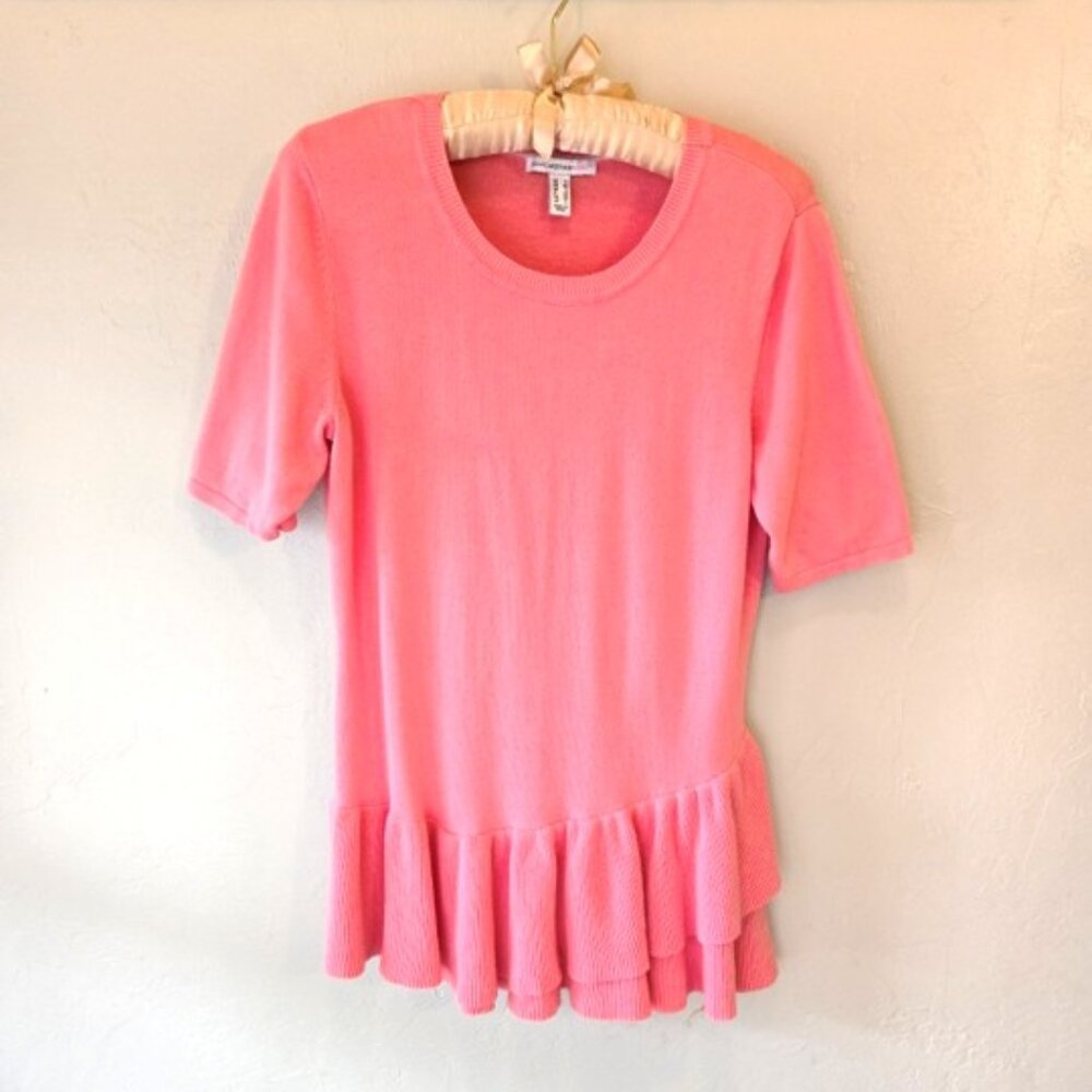 Isaac Mizrahi Pink Ruffle Asymmetrical Peplum Sweater • Size S